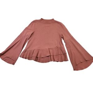 BP Mock Neck Ruffle Peplum Bell Sleeve Top Rose Pink Sweatshirt XS 100% Cotton